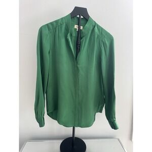 L'AGENCE Green Silk Blouse XS Tall Long Sleeve Mandarin Collar Luxe‎
